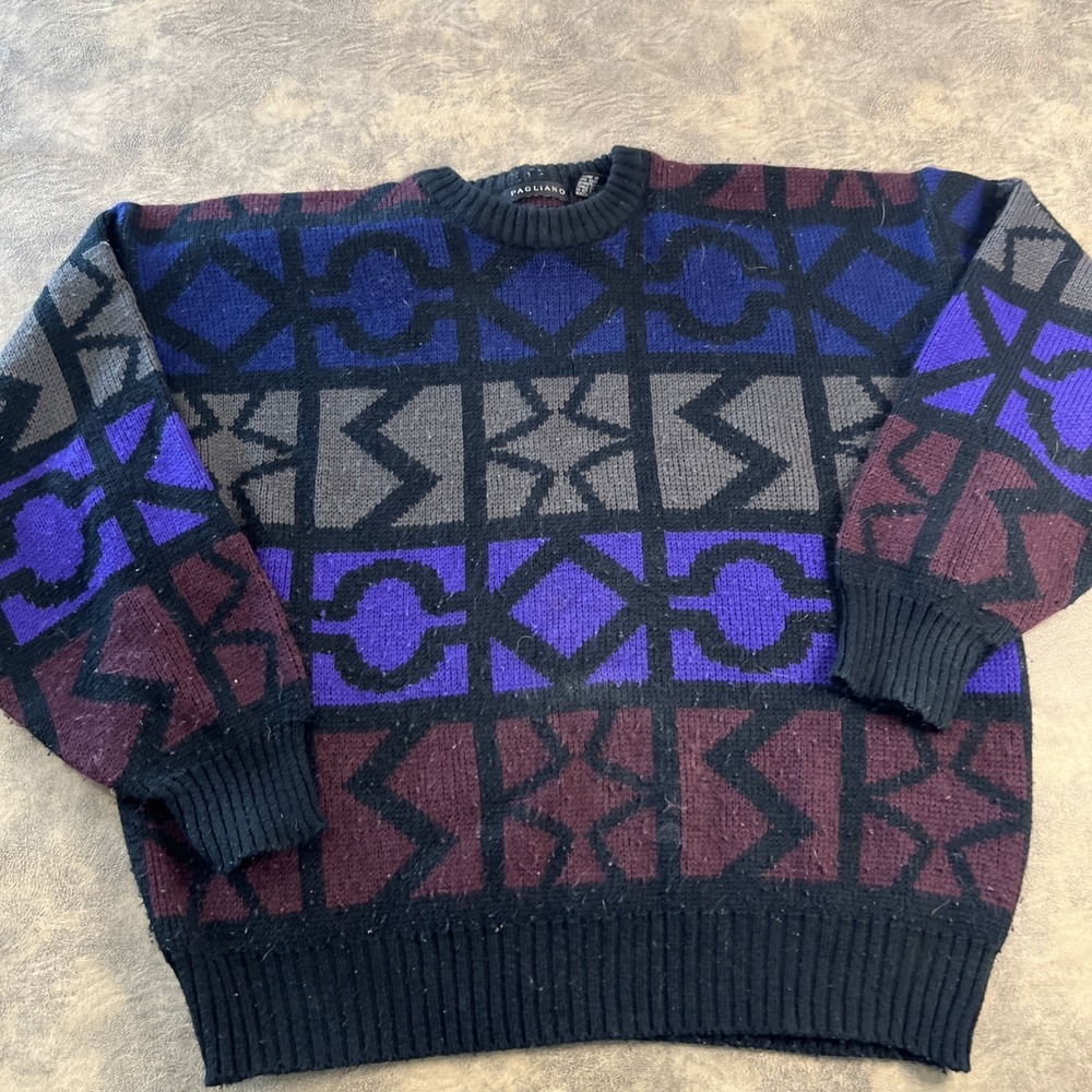 VTG Sweater Men's 2XL Pagliano Black Aztec Symbol Tribal Crew *PILLING*
